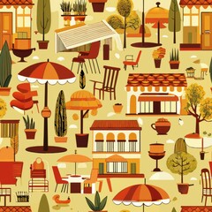 Seamless pattern of urban cafes and outdoor seating areas, Generative AI 