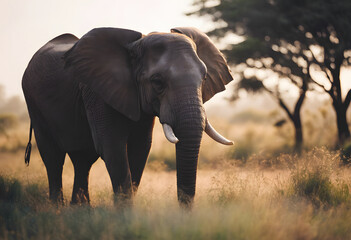 Obraz premium A majestic elephant walking through a grassy field with trees in the background during golden hour. World Elephant Day.