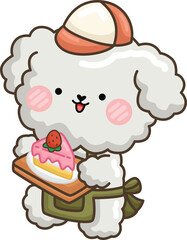 a vector of a cute dog and a slice of strawberry cake
