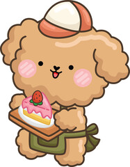 a vector of a cute dog and a slice of strawberry cake