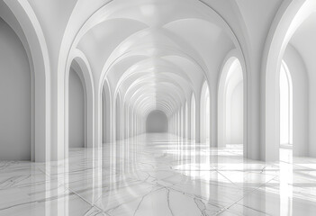 3D render, abstract white arches background with a shiny marble floor and soft light rays. Created with Ai