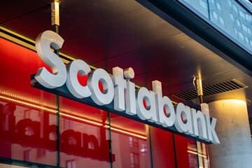 Naklejka premium Scotiabank logo sign. The Bank of Nova Scotia (Scotiabank) is a Canadian multinational banking and financial services company headquartered in Toronto. Toronto, Canada - April 29, 2024.