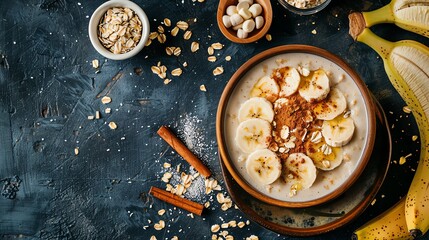 Overhead shot of a banana smoothie preparation with scattered ingredients like oats, honey, and cinnamon, perfect for a healthy breakfast or fitness lifestyle