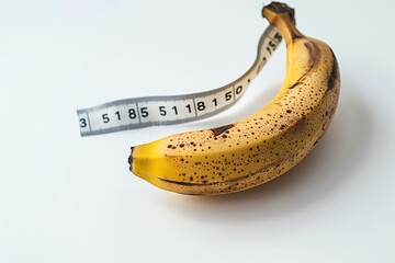 A minimalist image of a banana with a measuring tape wrapped around it on a white background