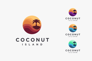 Set of abstract travel logo with coconut tree, island and sea wave icon vector on white background