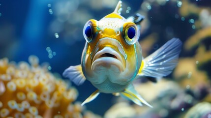 The image is of a fish with a face, likely underwater. The fish appears to be a marine organism and may be found in an aquarium or coral reef. fish. Illustrations