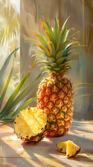 Pineapple on a light brown table, natural light, natural blurred background.
