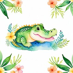 Cute baby crocodile watercolor isolated on white background. Alligator kid cartoon character vector illustration