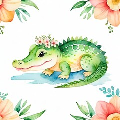 Obraz premium Cute baby crocodile watercolor isolated on white background. Alligator kid cartoon character vector illustration