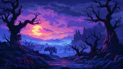 Fotobehang Pruimkleur Haunting Digital Pixel Art Landscape of Cursed Lands with Eerie Mist  © Goodthings