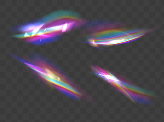Iridescent crystal leak glare reflection effect. Optical rainbow lights, glare, leak, streak overlay. falling confetti. Vector colorful vector lenses and light flares with transparent effects
