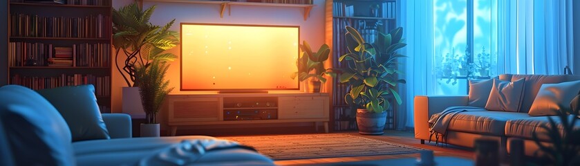 Cozy Nighttime Home Interior with TV Screen and Sofa