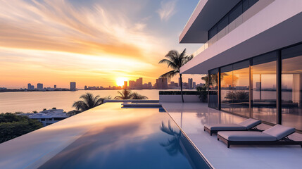 Fototapeta premium A large pool with a sunset in the background
