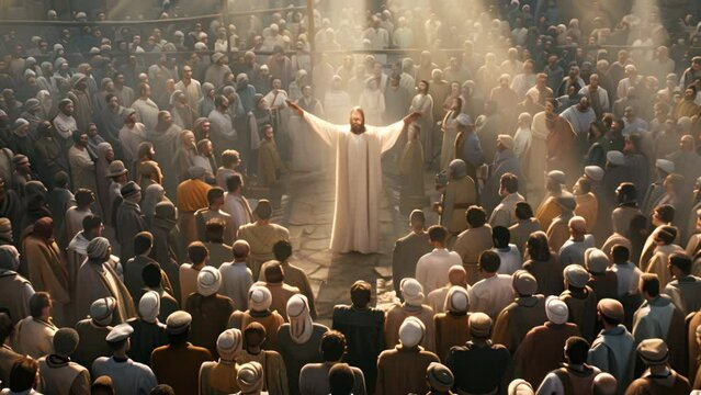 Jesus preached to a crowd of people. All ages and genders are listening intently. Moments before the miracle.