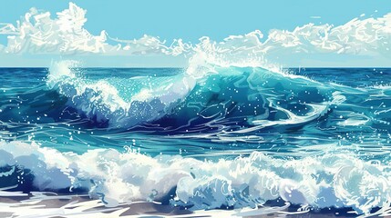 Wave Symphony: A Dynamic Illustration of the Blue Sea's Roaring Crests