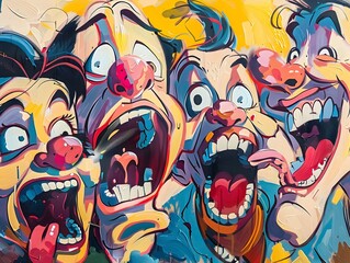 Slapstick Cartoon Characters in a Comedic Modern Painting Depicting Mischievous Expressions and Exaggerated Mishaps