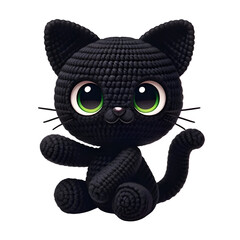 Playful Amigurumi Black Cat with Green Eyes, Isolated on Transparent Background, for T-Shirt Design, Stickers, Wall Art