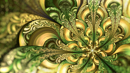 Abstract fractal art background in gold and green.