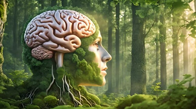 Abstract human brain seamlessly merging with the roots of towering tree, symbolizing the interconnectedness of the human mind with nature and the wisdom of the natural world