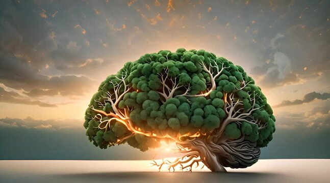 Abstract tree with roots resembling human brain, tall and lush with green leaves,symbolizing the interconnectedness of the human mind with nature and the wisdom of the natural world