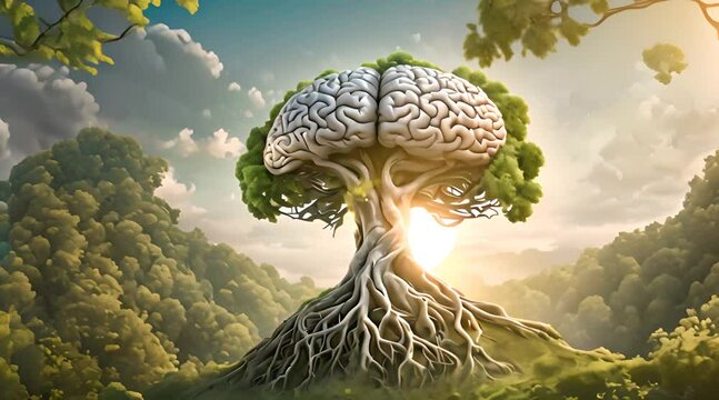 Abstract tree with roots resembling human brain, tall and lush with green leaves,symbolizing the interconnectedness of the human mind with nature and the wisdom of the natural world