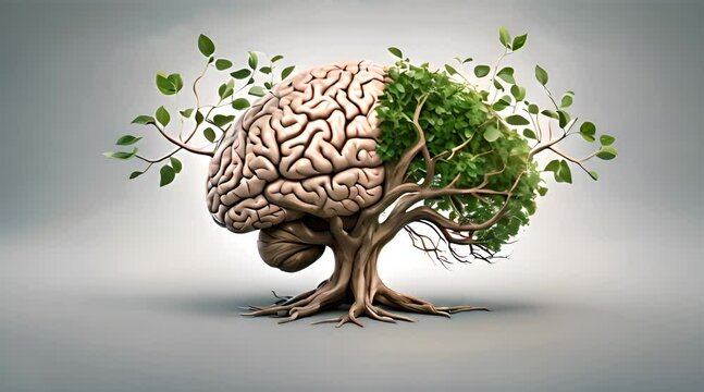 Abstract tree with roots resembling human brain, tall and lush with green leaves,symbolizing the interconnectedness of the human mind with nature and the wisdom of the natural world