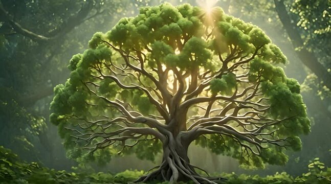 Vibrant abstract tree with lush green foliage and intricate roots, symbolizing growth, vitality, and interconnectedness with the earth