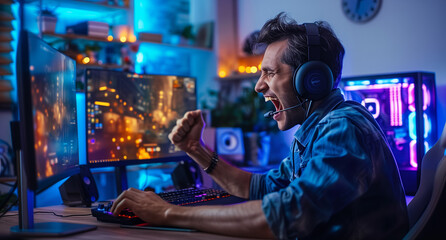 A young man sits in front of the computer, wearing headphones and playing video games with his...