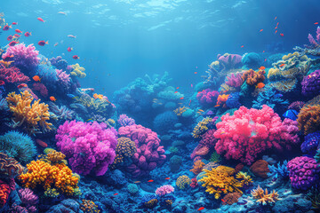 Naklejka na ściany i meble A vibrant coral reef with colorful corals and fish swimming around, creating an underwater paradise. Created with Ai
