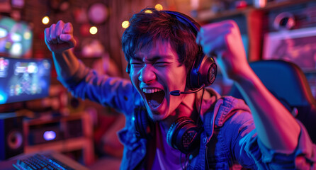 Fototapeta premium A young man sits in front of the computer, wearing headphones and playing video games with his hands on the keyboard. He is smiling as he plays, illuminated by purple lights from behind him. 