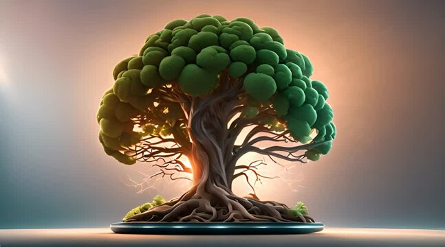 Vibrant abstract tree with lush green foliage and intricate roots, symbolizing growth, vitality, and interconnectedness with the earth