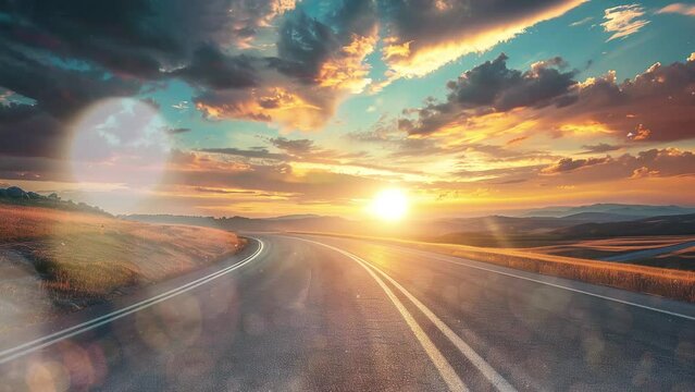 asphalt road and dramatic sky landscape at beautiful sunset. seamless looping overlay 4k virtual video animation background