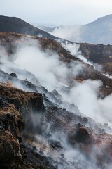 Step into the eerie silence of a volcanic landscape, where the only sound is the hiss of steam and the occasional rumble of the earth below,Generative AI