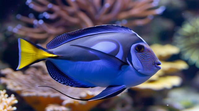 Blue tang (Paracanthurus hepatus) fish swimming underwater in an aquarium. fish. Illustrations