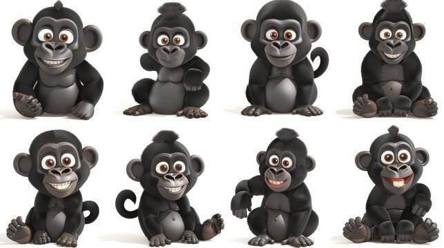 collection of 3d illustrations of cute cartoon gorilla cubs, in various styles, on a white background. generative ai. cartoons. Illustrations