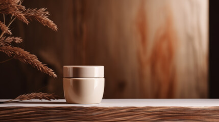 A small jar of cream sits on a wooden table next to some dried grass