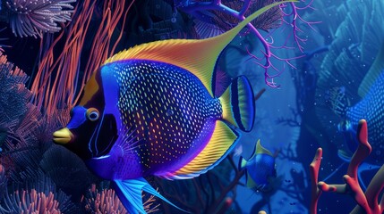 Vibrant tropical angel fish with brilliant colors, surrounded by marine flora. Close-up of a strikingly colored tropical fish in a deep blue marine setting. fish. Illustrations