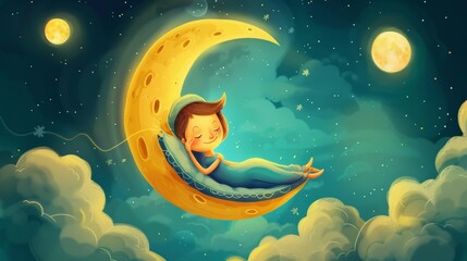 breathing animation, Kids lullaby cartoon sleeping on moon, looped video background. cartoons. Illustrations - obrazy, fototapety, plakaty