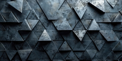 A black wall made of triangular metal tiles with golden reflections. Created with Ai