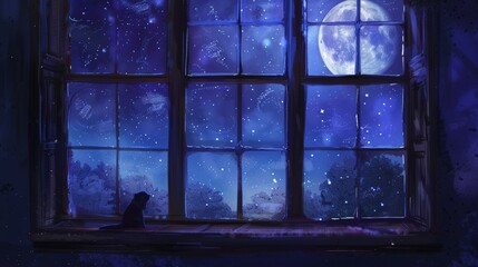 windowsill, gazing at the moon. deep blues and purples for the sky and add delicate stars to create a dreamy atmosphere. cartoons. Illustrations