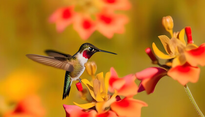 A close-up photo of a hummingbird drinking nectar from a flower