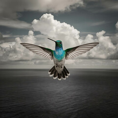 Fototapeta premium A hummingbird bird flies over a huge ocean with clouds floating in the sky,gray color