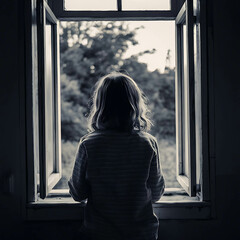 Brown color black and white scene with The girl is seen from behind looking out the window,in evening time