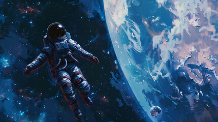 Artistic Style Painting Drawing of Spaceman Astronaut Floating in the Space Chilling in the Galaxy Aspect 16:9