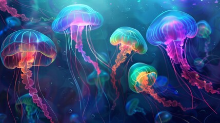 Underwater animals Brightly colored sea jellies with glowing tentacles. animals. Illustrations