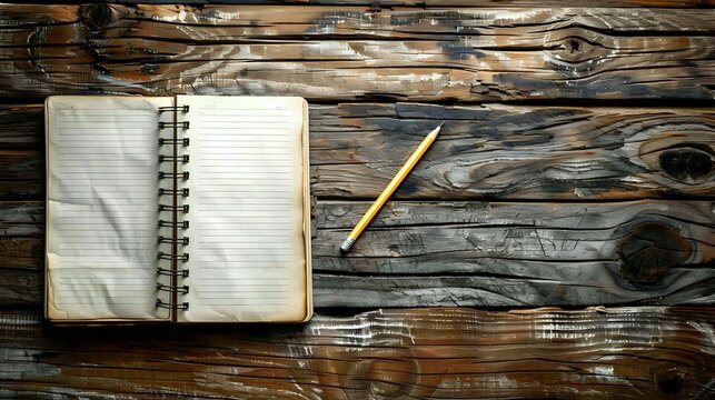 Creative Space: Open Notebook and Pencil on Wooden Background