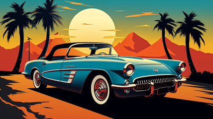 Stylish illustration of a classic convertible car parked under palm trees with a dramatic sunset and mountainous landscape in the background.
