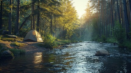 Fototapeta premium Forest Campsite with River View and Rustic Camping Tent. Peaceful Sunrise Scene
