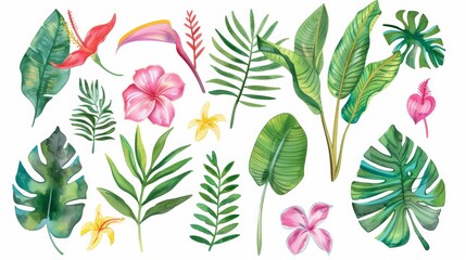 Fototapeta premium Watercolor Tropical flowers and leaves. Jungle flowers. Safari exotic greenery cute childish baby shower illustration. Floral summer isolated. Monstera banana leaves. animals. Illustrations