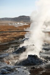 Wander through a field of volcanic vents, where geysers shoot high into the air and hot springs bubble and churn amidst the barren, Generative AI